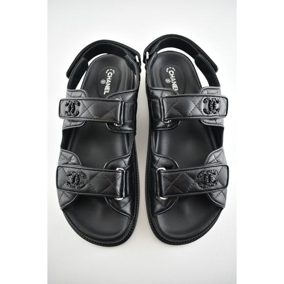 Chanel Black Leather Quilted Chain CC Logo Mule Slide Strap Flat Dad Sandal 37 - Picture 9 of 12